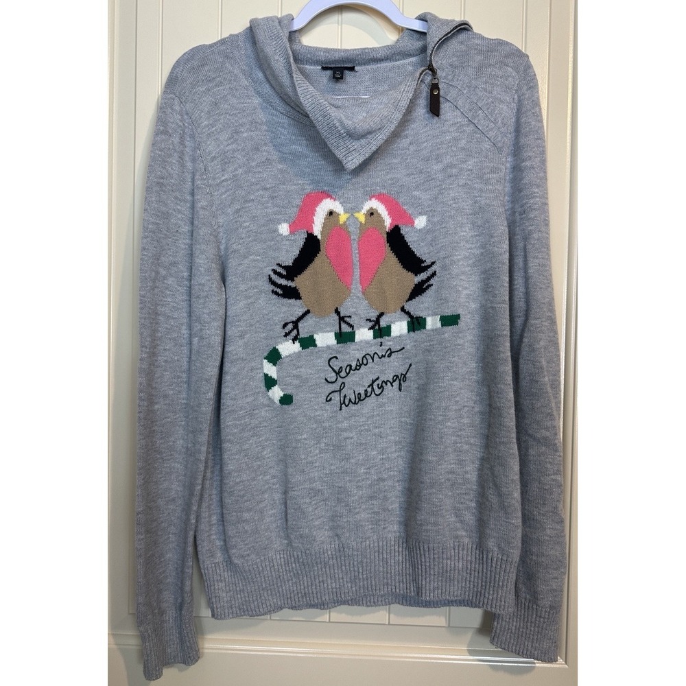 Talbot's Love Birds Seasons Greetings Tweetings Gray Lambswool sweater Sz XL GUC